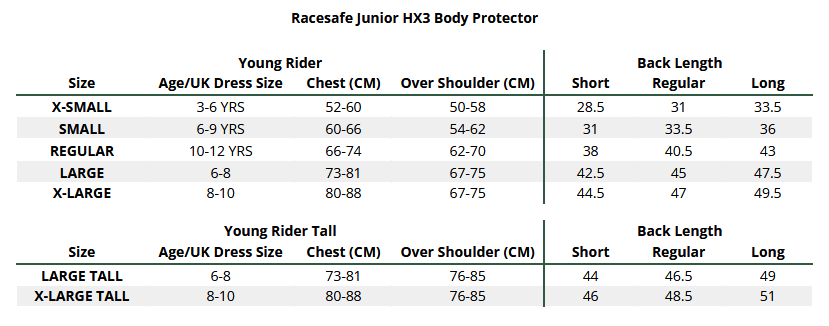 2025 Racesafe Junior HX3 Body Protector  Size Chart